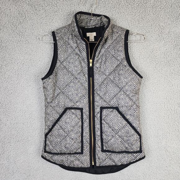J. CREW Women's Black Chevron Quilted Lined Vest SZ XXS Full Zip w Pockets - Picture 1 of 6
